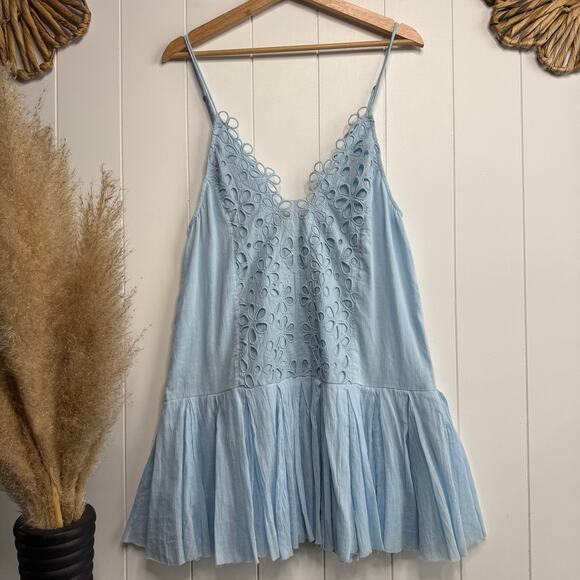 Free People mini dress floral eyelets embroidery sundress pleated boho Large - Picture 2 of 7